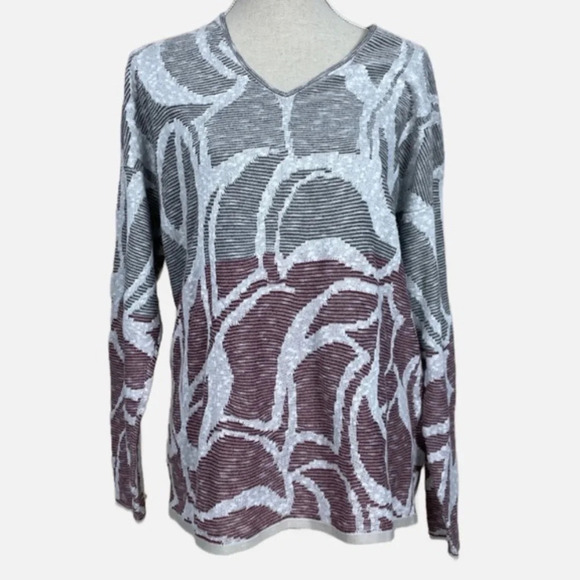 Olsen Europe Top Pullover V-Neck Sweater Sz XL / 16 Colour Block Gray White Red - Picture 10 of 10